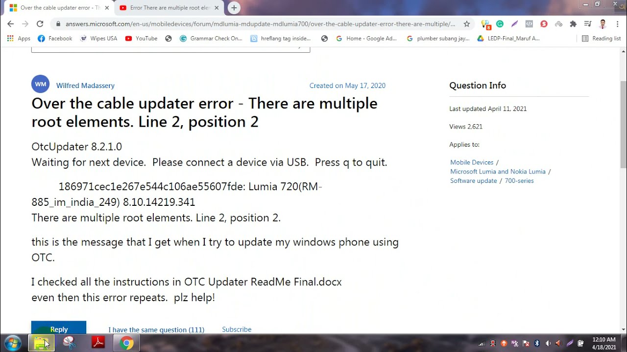 Solution of Nokia Lumia  updater error - There are multiple root elements. Line 2, position 2