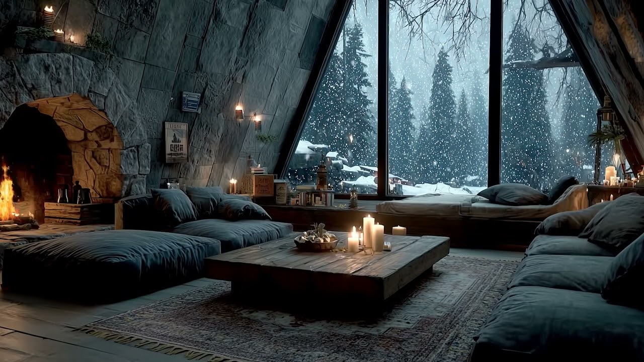 Peaceful Winter Piano Lounge ❄️ Soft Fireplace Sounds & Snowfall Ambience for Sleep & Focus