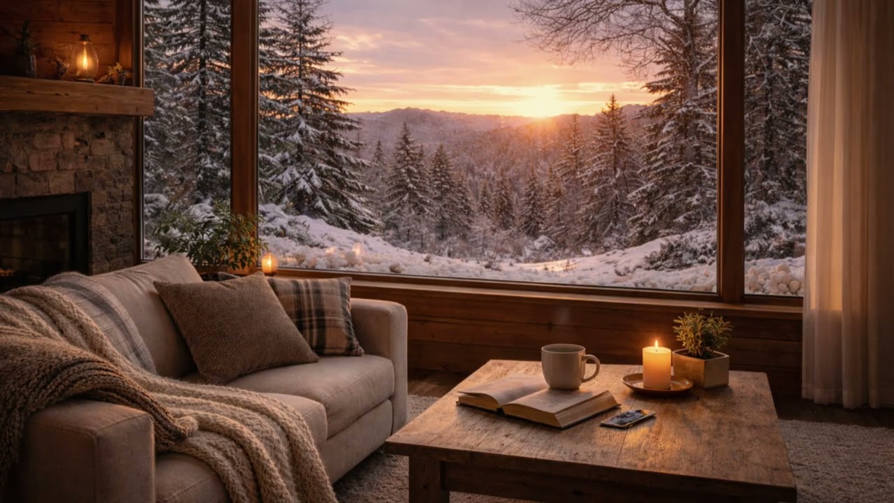 Cozy Winter Cabin Ambience ❄️ Snowy Outside, Warm Living Room Relaxing Sounds