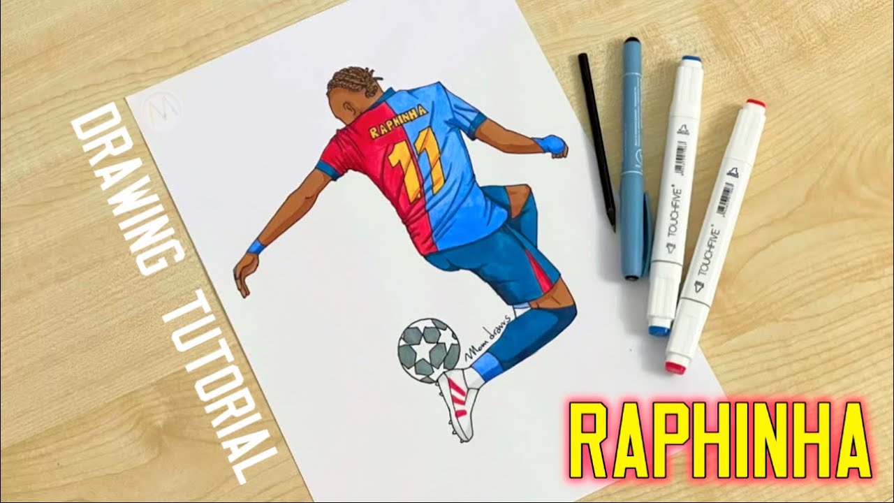 How to draw RAPHINHA plays a football / How to draw a soccer player kicking a ball