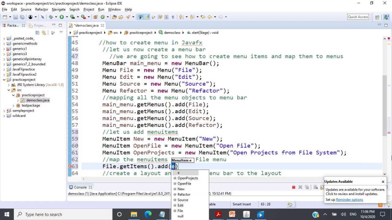 JavaFX — Меню, Панель меню, Пункт меню, создание подменю — Программирование на Java — CSE1007