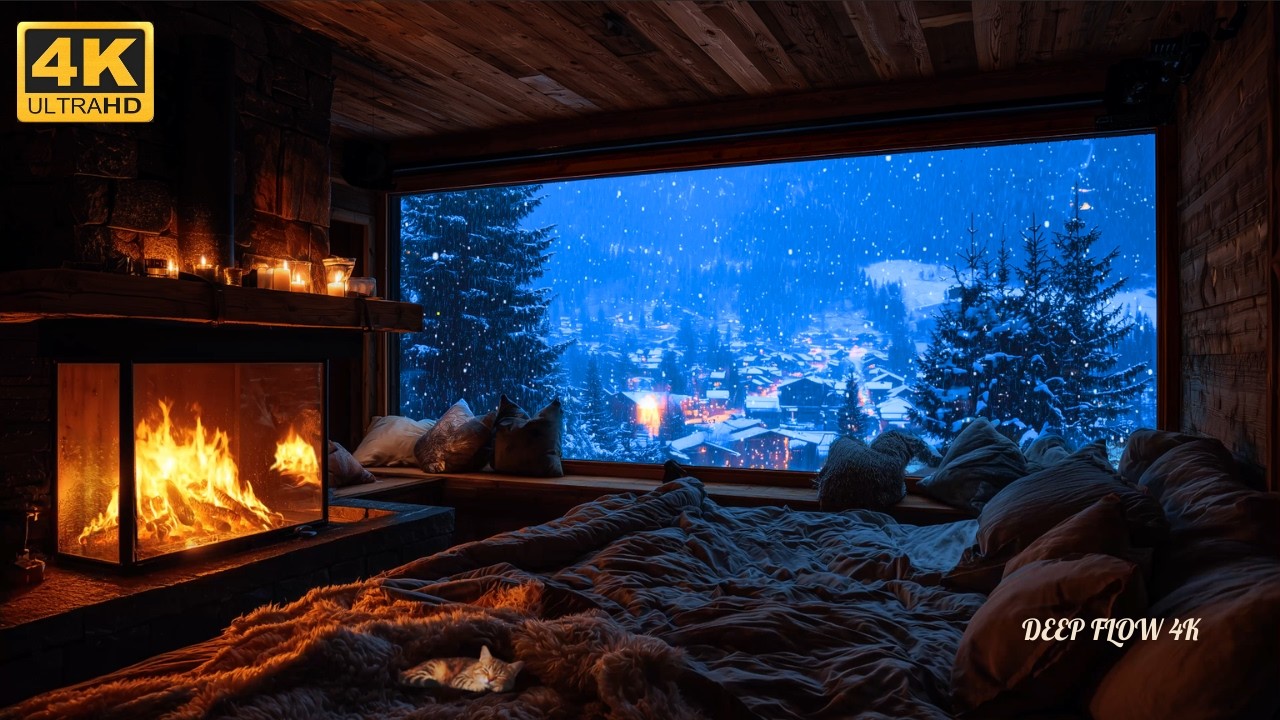 Snowy Night in Cozy Cabin | Fireplace ❄️ Winter Wind Sounds | 4K Sleep Ambience