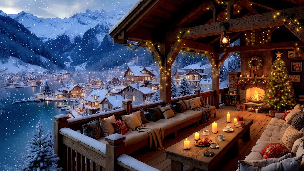Soothing Christmas Terrace Jazz Music 🔥 Tranquil Winter Snowfall & Crackling Fireplace for Peaceful