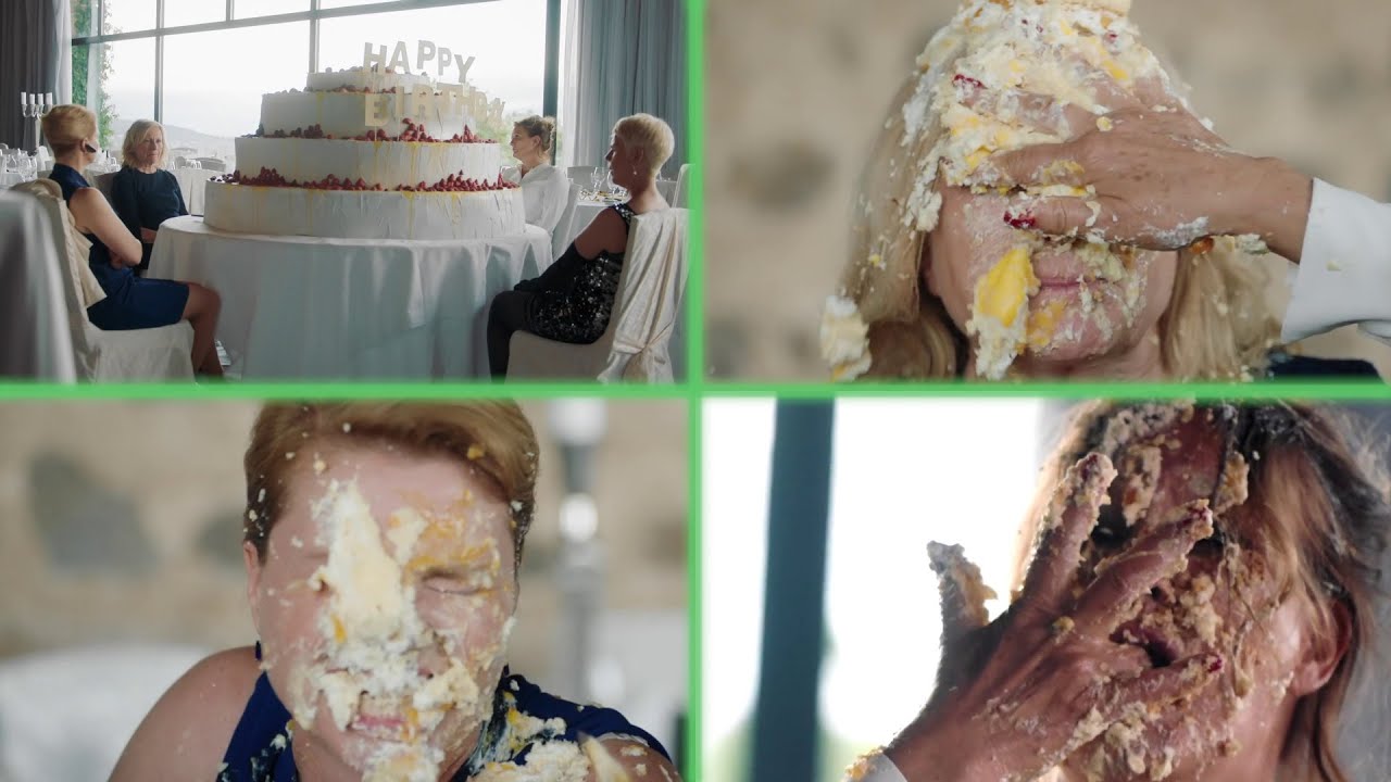 4 Women have a food fight with a gigantic cake
