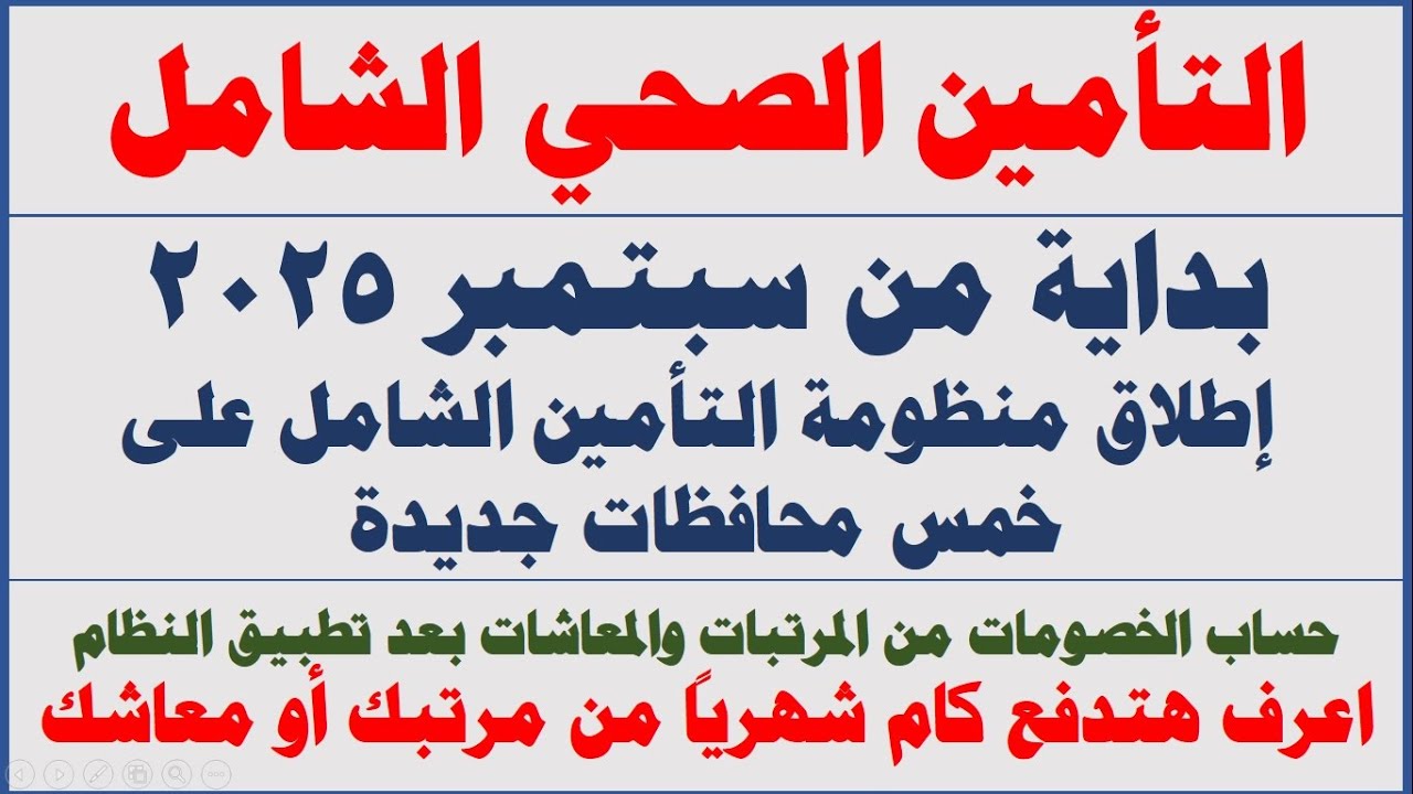 تطبيق التأمين الصحي الشامل بخمس محافظات جديدة من سبتمبر 2025 / تعرف على الخصومات من االمعاش والمرتب