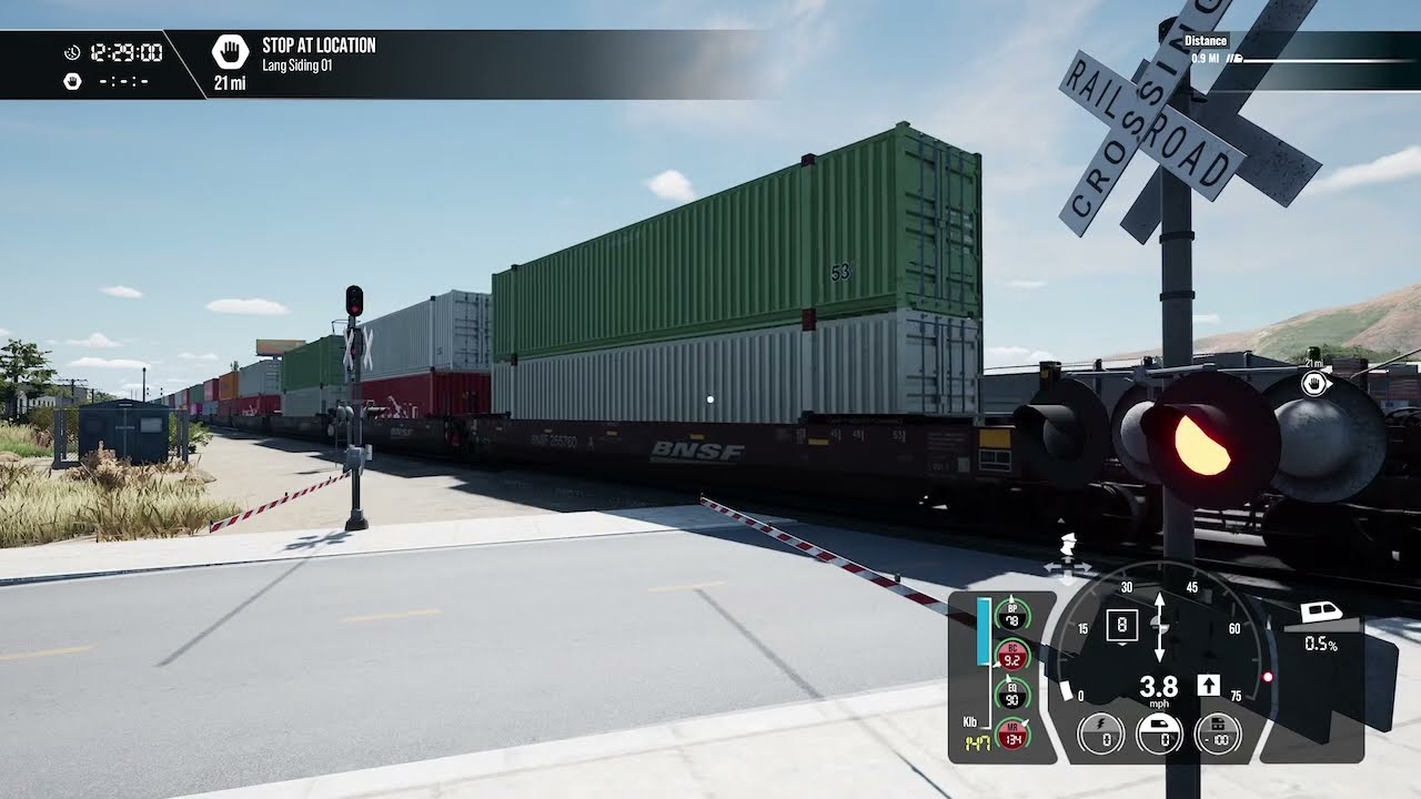 Train sim world: 4 BNSF cargo freight train passing and stopping at the train tracks for a hot dog