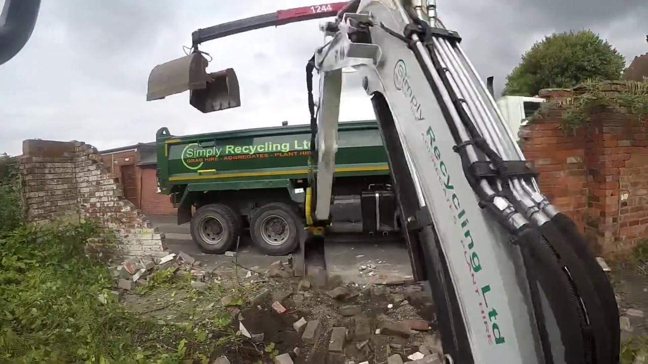 Brick Wall Removal With Engcon Tiltrotator Mini Digger & Grab Lorry Hire. Vid #1
