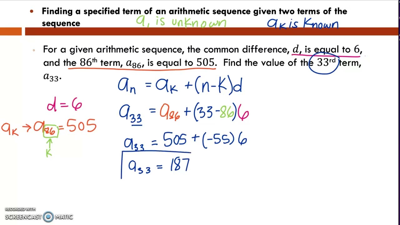 Finding a specified term of an arithmetic sequence given two terms of the sequence