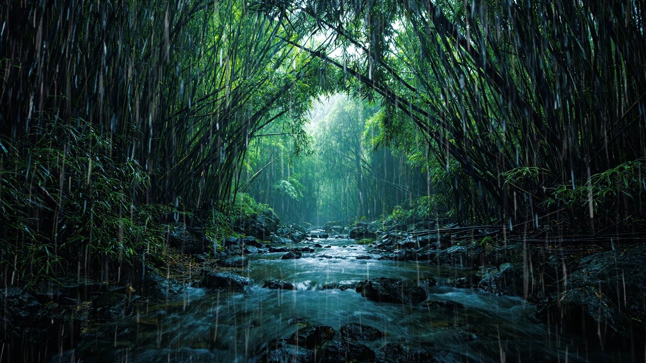 Instant Stress Relief : Heavy Rainstorm in a Bamboo Forest (No Music, Static Cam)