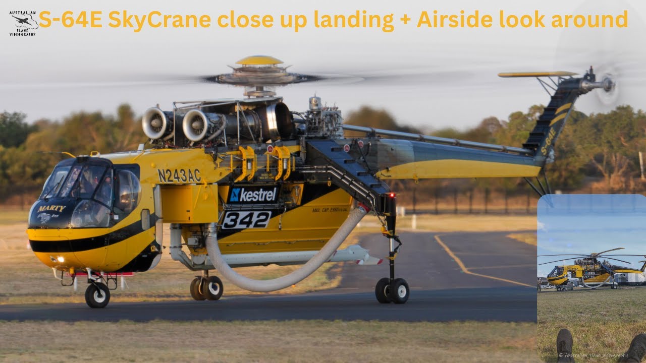 S-64E Skycrane Close up sunset landing after responding to bushfires + Close up Airside look around