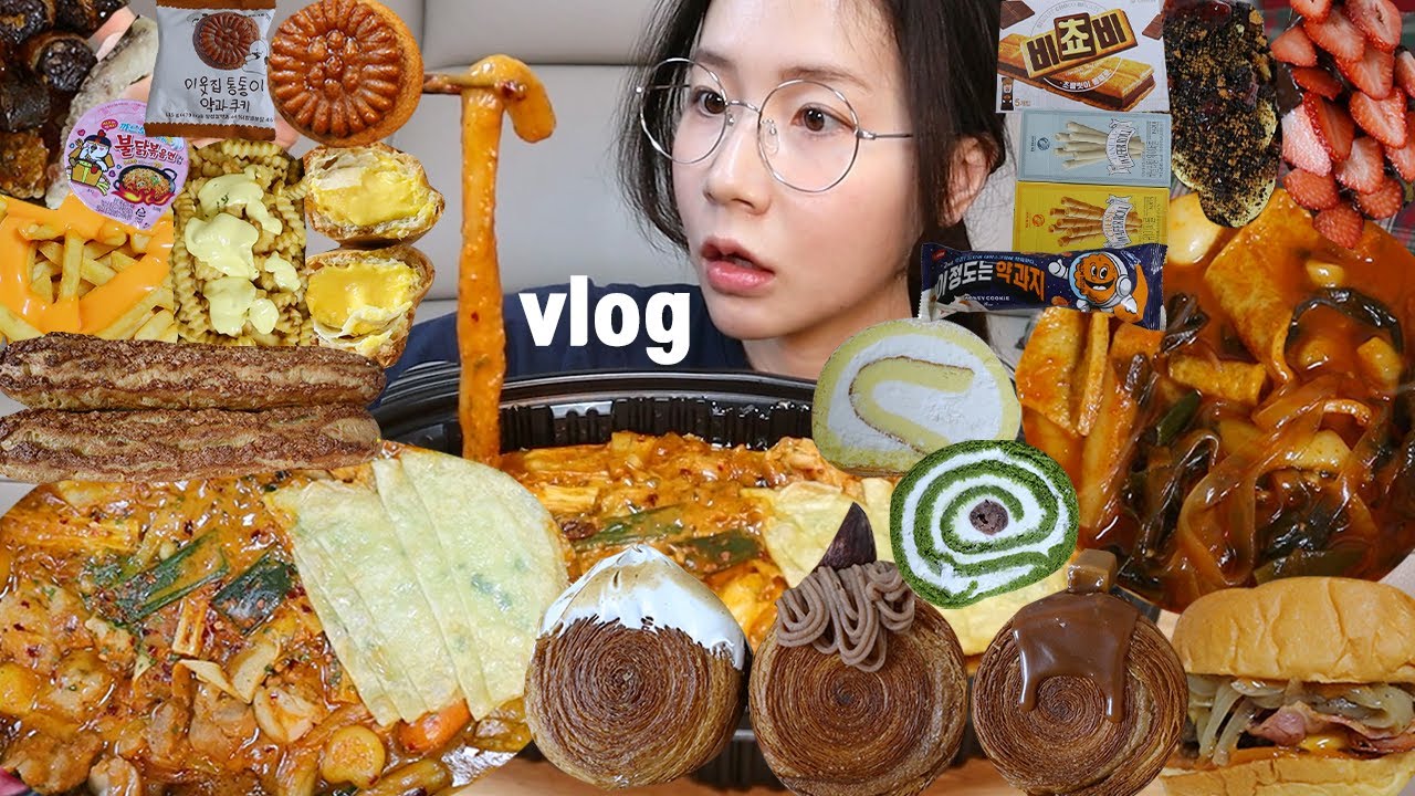 먹방 브이로그) 크로칸슈 먹다가 불닭 급발진 (두찜마라로제, 디저트39 크로칸슈 황치즈, 이웃집통통이 약과쿠키, 크로플덕, 마미떡, 퀸아망, 달롤, 힘난다버거, 디저트먹방)