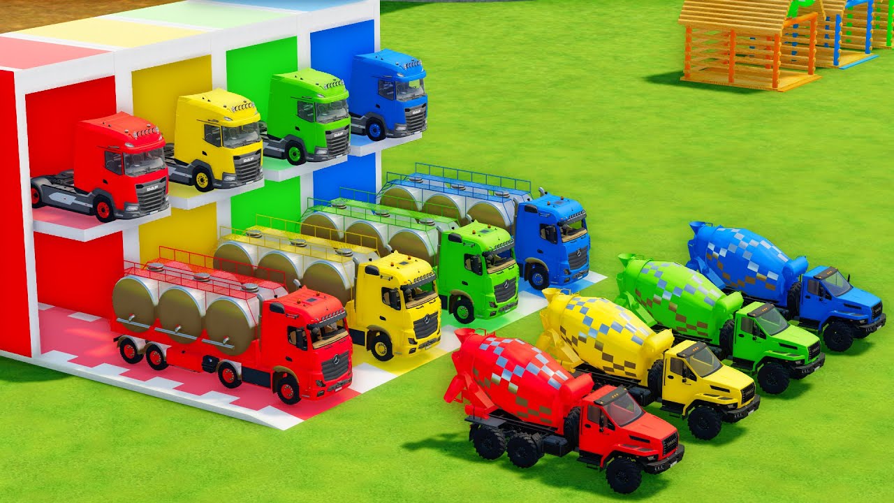 Garage with Colors - ALL MIXER TRUCK WITH DOUBLE FLATBED TRAILER TRUCK, DAF, MERCEDES, URAL - FS22