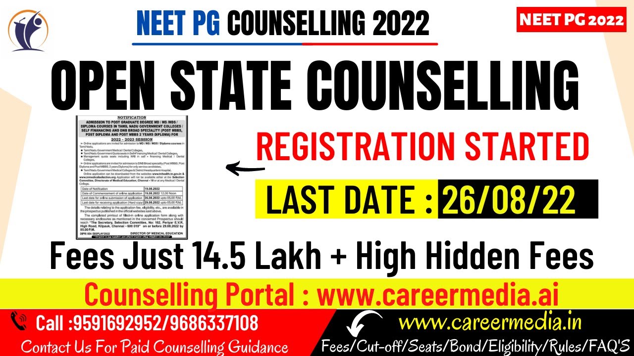 NEET PG 2022 OPEN State Counselling Regisration Started🔥Low Fees-Hidden Fees🔥Eligiblity🔥Career Media
