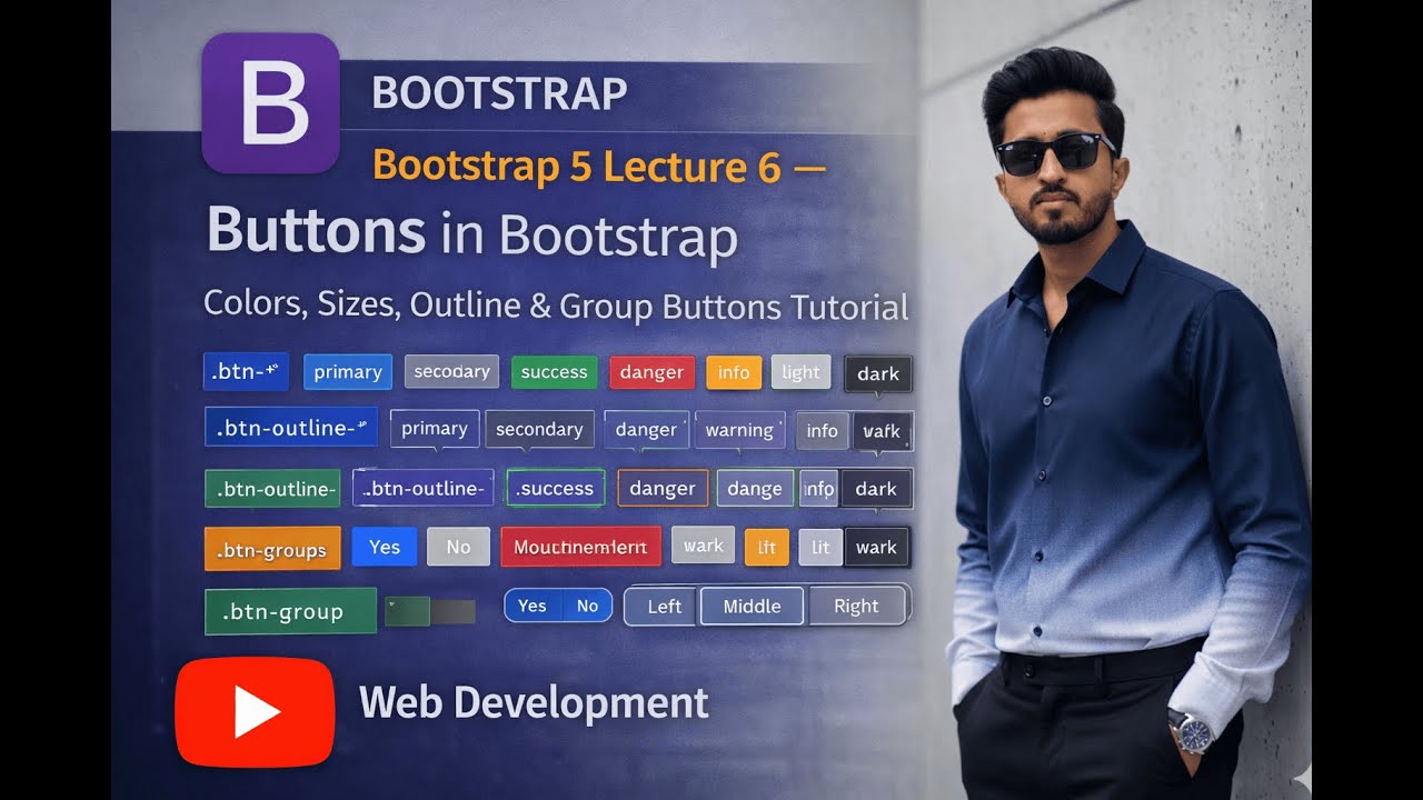 Bootstrap 5 Lecture 6 &mdash; Buttons in Bootstrap | Colors, Sizes, Outline & Group Buttons Tutorial