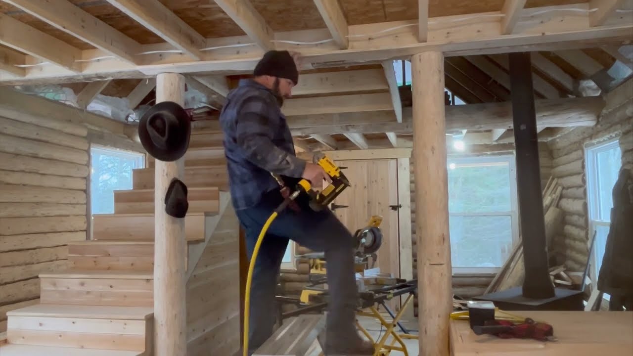 Building the ceiling at the off grid log Cabin,alone in the Canadian forest ￼,survival,exploration.