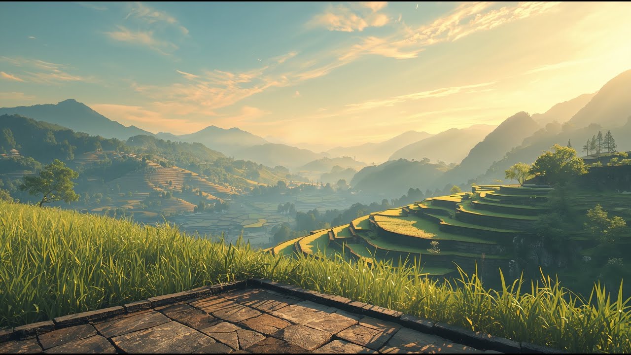 Cozy Medieval Lofi – Stone Terrace Over Rice Fields to Chill & Unwind