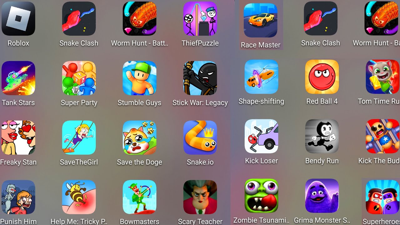 Bowmasters,Stumble Guys,Kick The Buddy,Scary Teacher 3D,Tom Time Rush,Save The Doge,Thief Puzzle....