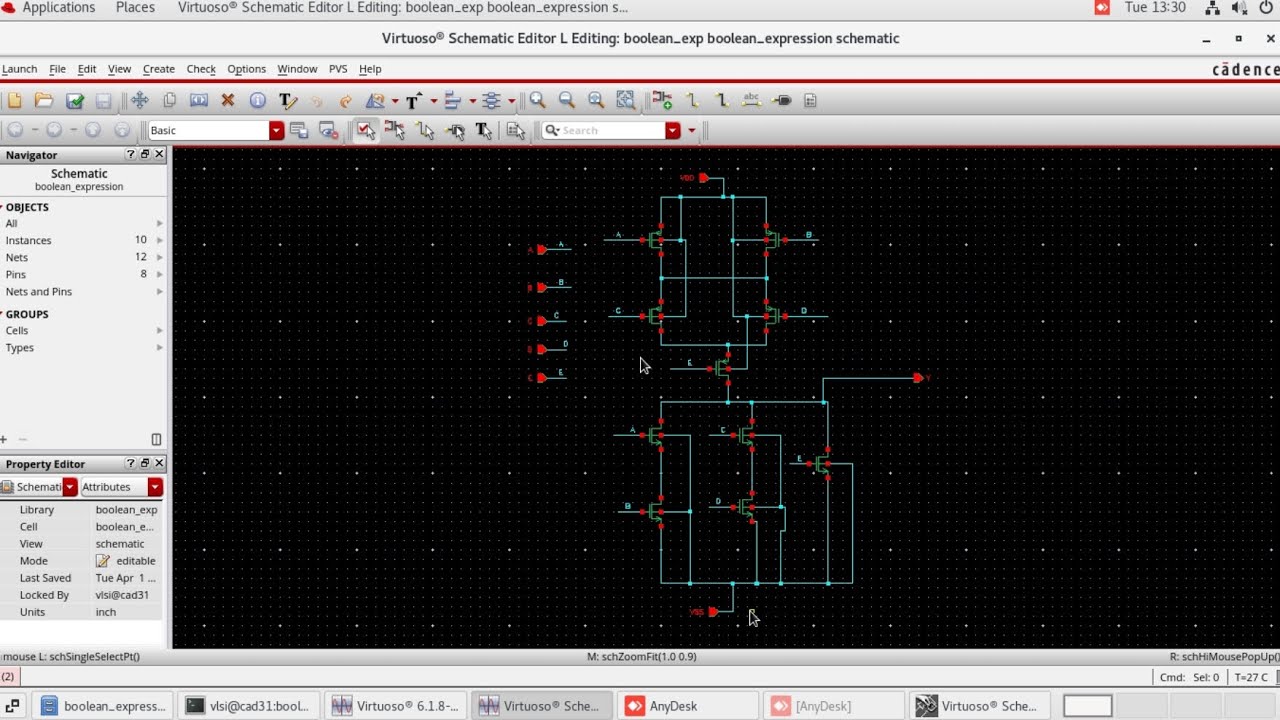 Boolean Expression using CMOS Logic Y=(AB+CD+E)' Using Cadence virtuoso tool