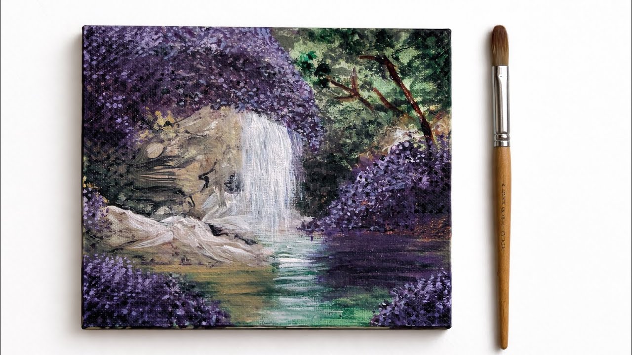 رسم شلال بين الصخور 💚💜