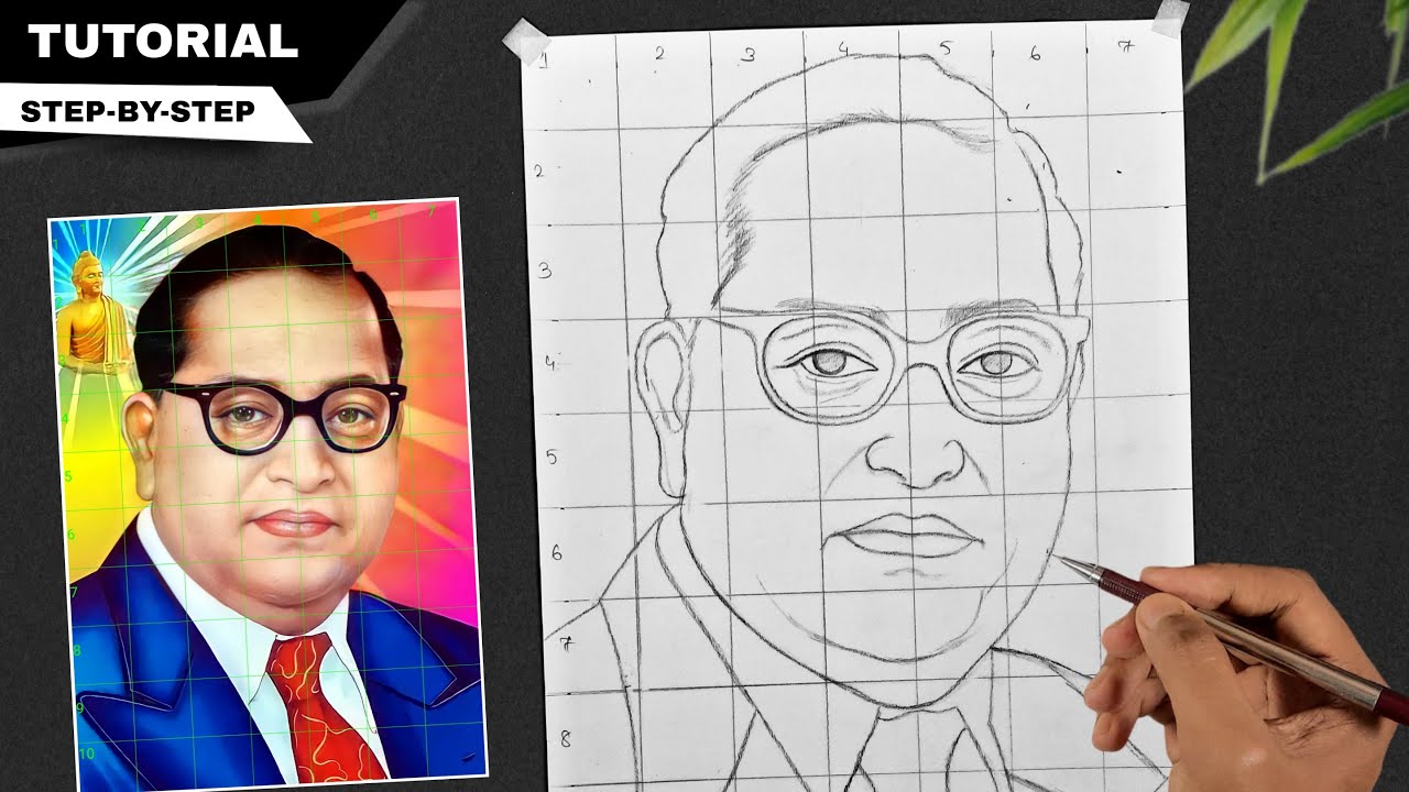 How to draw Dr BR Ambedkar step by step, Grid method drawing Tutorial,  Sanju Arts