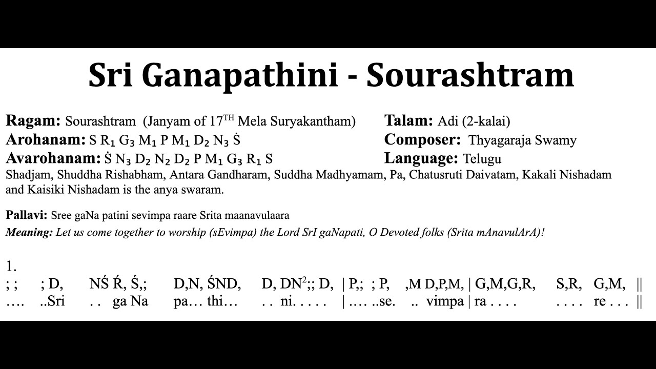 Sri Ganapathini - శ్రీ గణపతిని సేవింప - Thyagaraja Krithi - Sowrashtram with Lyrics & Notation