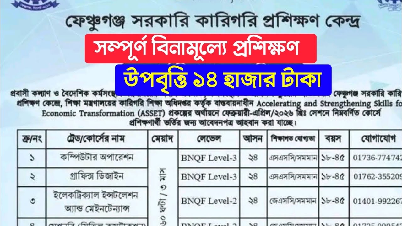 ১৪০০০ টাকা ভাতা সহ সম্পূর্ণ বিনামূল্যে প্রশিক্ষণ । Free training admission circular
