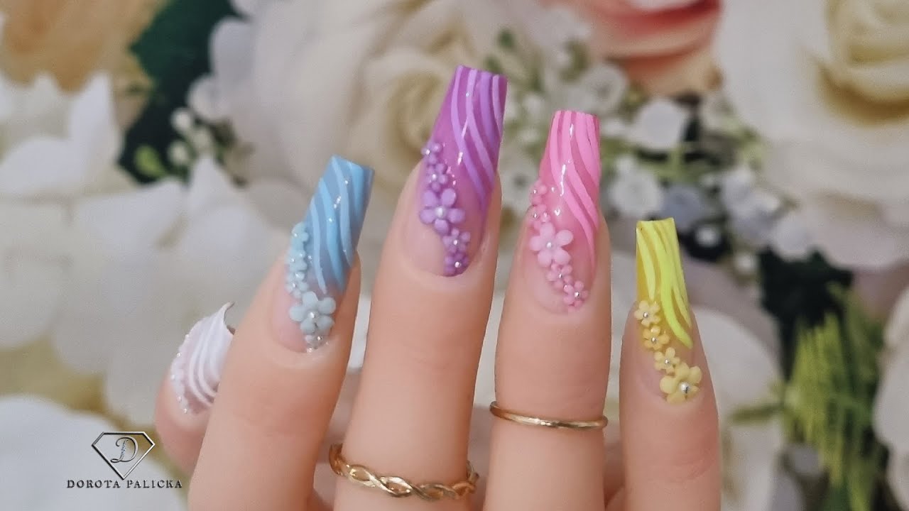 Summer ombre nails with line work and 3d flowers nail art. Faded french nail art.