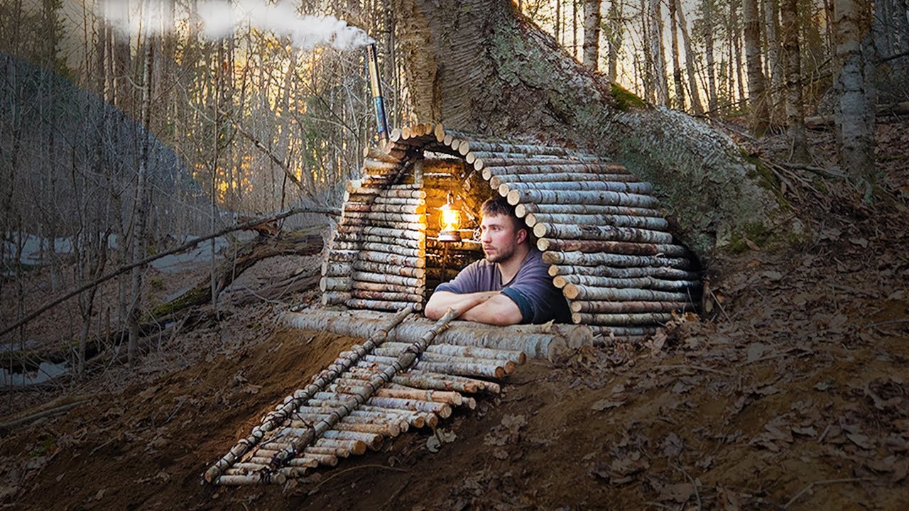 Building a hidden dugout survival shelter, under a tree trunk, bushcraft