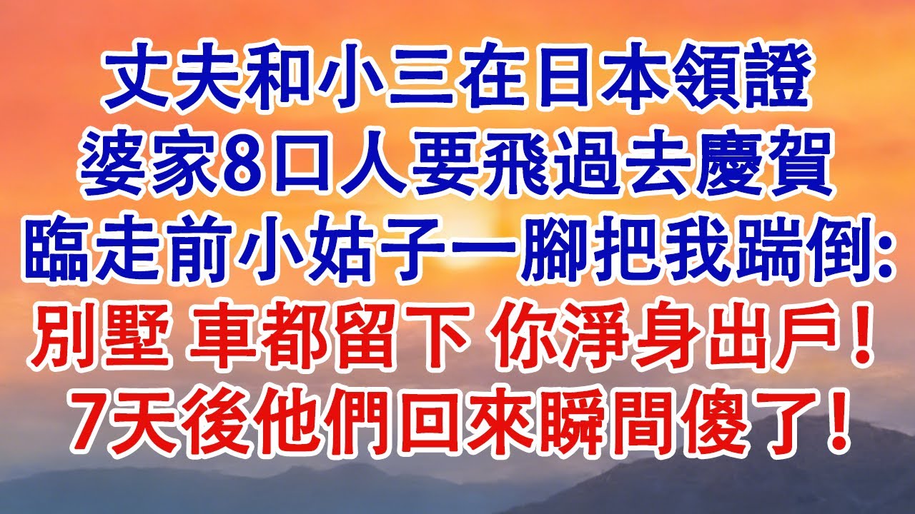 丈夫和小三在日本領證，婆家8口人要飛過去慶賀。臨走前，小姑子一腳把我踹倒：「別墅、車都留下，你淨身出戶」7天後他們回來，瞬間傻了！#婆媳 #家庭 #情感故事