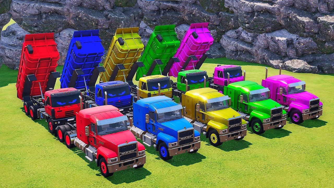 Garage with colors - ALL TRUCK WITH DOBLE FLATBED TRAILER TRUCK, VOLVO, MACK, KAMAZ, INTERNATIONAL