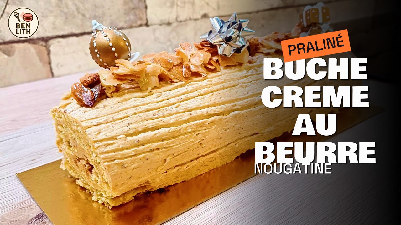 Bûche de Noël pralinée : biscuit roulé, crème au beurre praliné et amandes façon nougatine