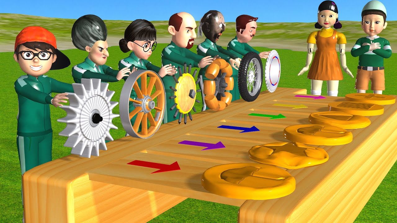 Игра «Кальмар против страшного учителя» 3D Вращение деревянного колеса против Дальгоны в форме ко...