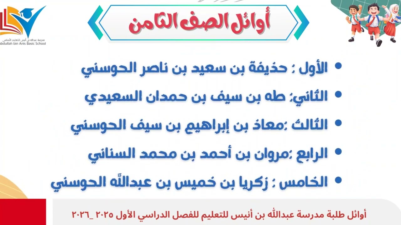 أوائل الطلبة بمدرسة عبدالله بن أنيس للتعليم الأساسي في نتائج نهاية الفصل الدراسي الأول ٢٠٢٥ / ٢٠٢٦ 