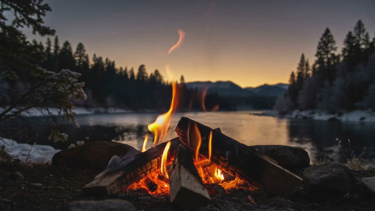 A Nice Relaxing Evening  by the Campfire ---  Calm River with  Crackling Fire Sounds