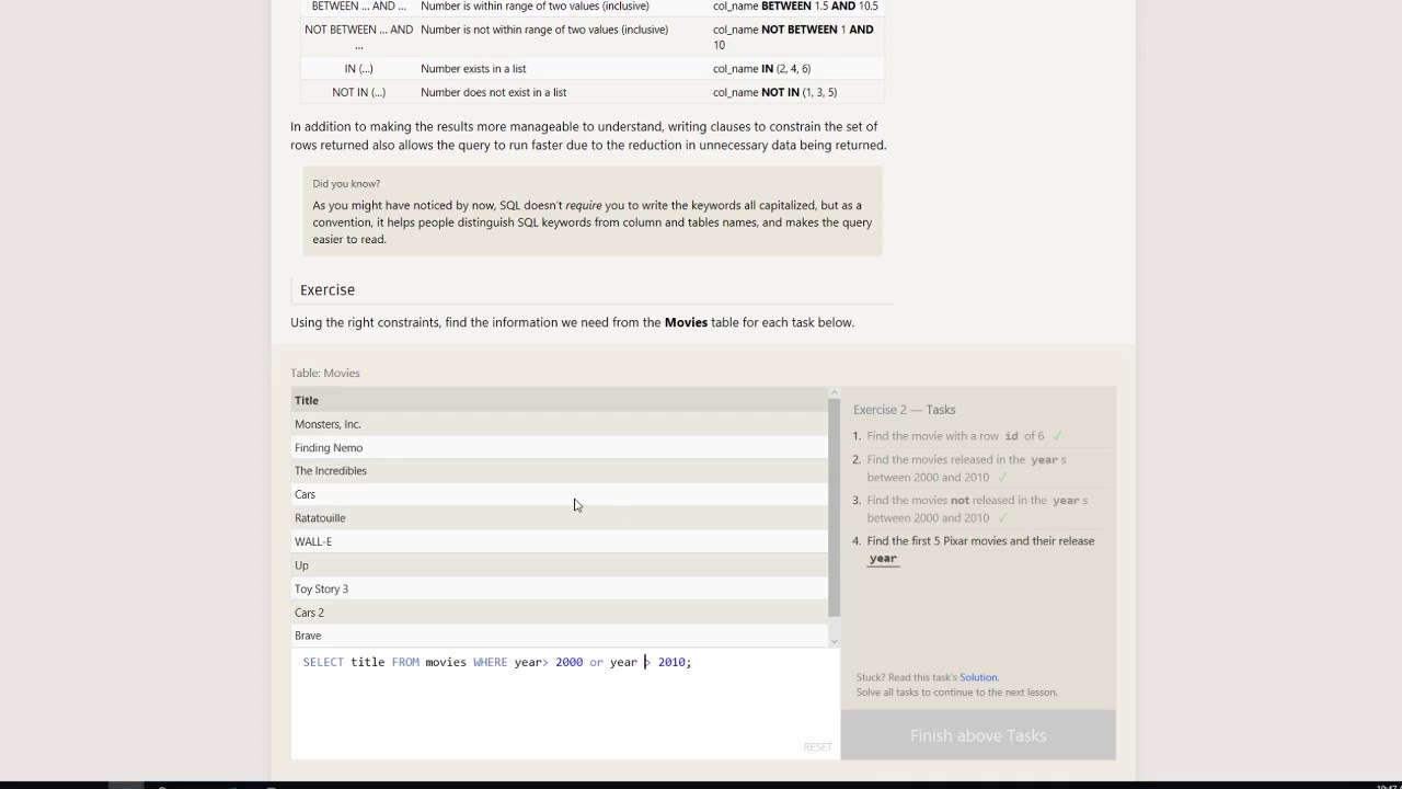 SYS 101 SQL Bolt Exercises 1-4