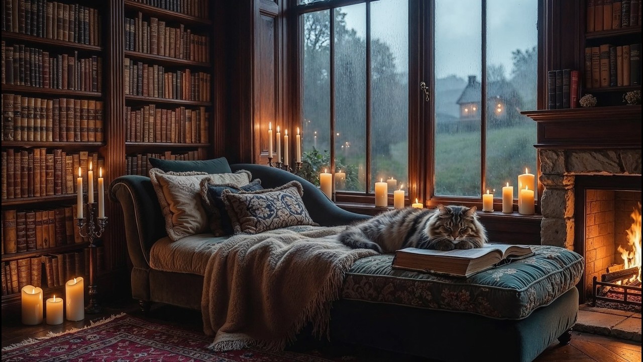 Relaxing Music for Study, Focus & Sleep 🌧 Cozy Rainy Fireplace Library Ambience (4 Hours)