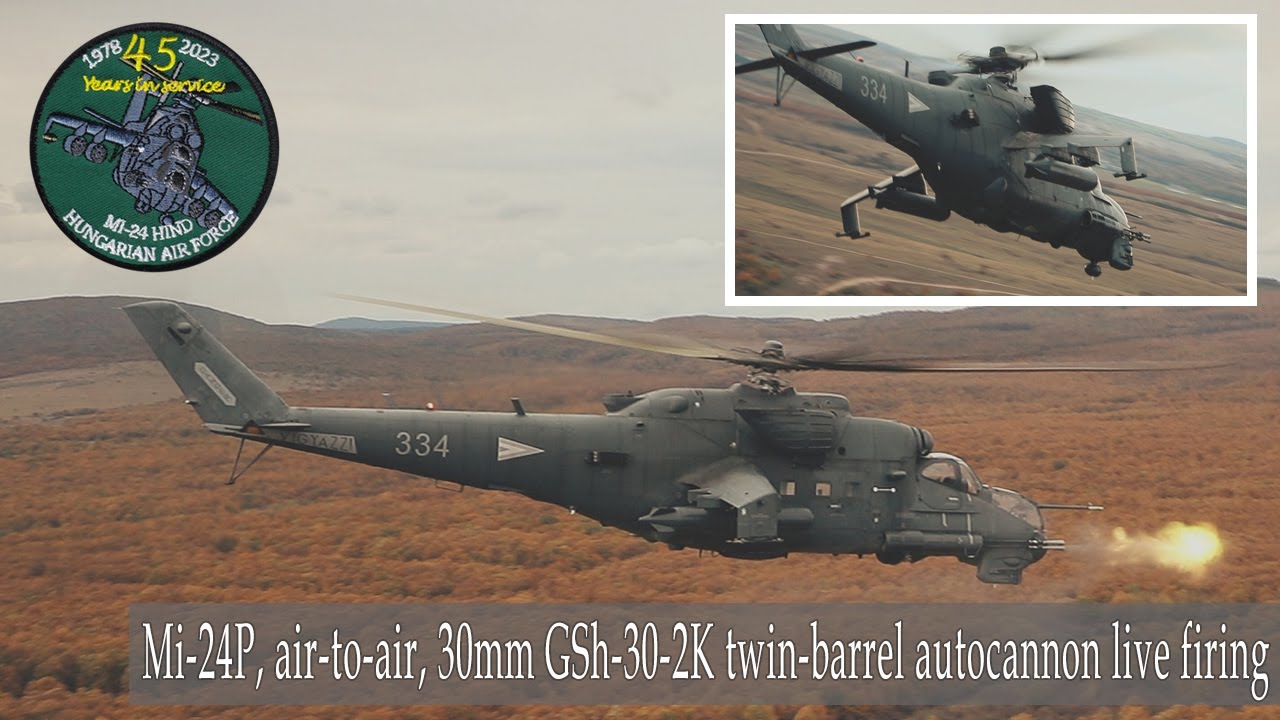Mi-24P, air-to-air video, 30mm GSh-30-2K twin-barrel autocannon live firing #helicopter #mi24