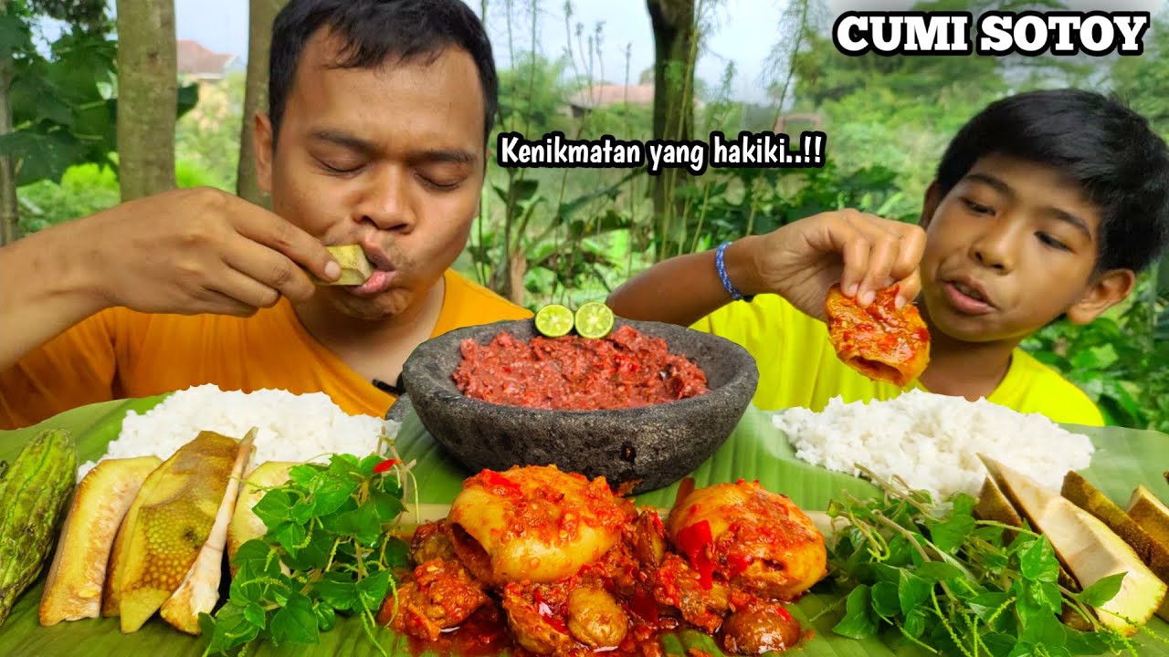 Mukbang cumi sotong jengkol belado + lalapan gori + sirih cina + daun kopi + sambel terasi