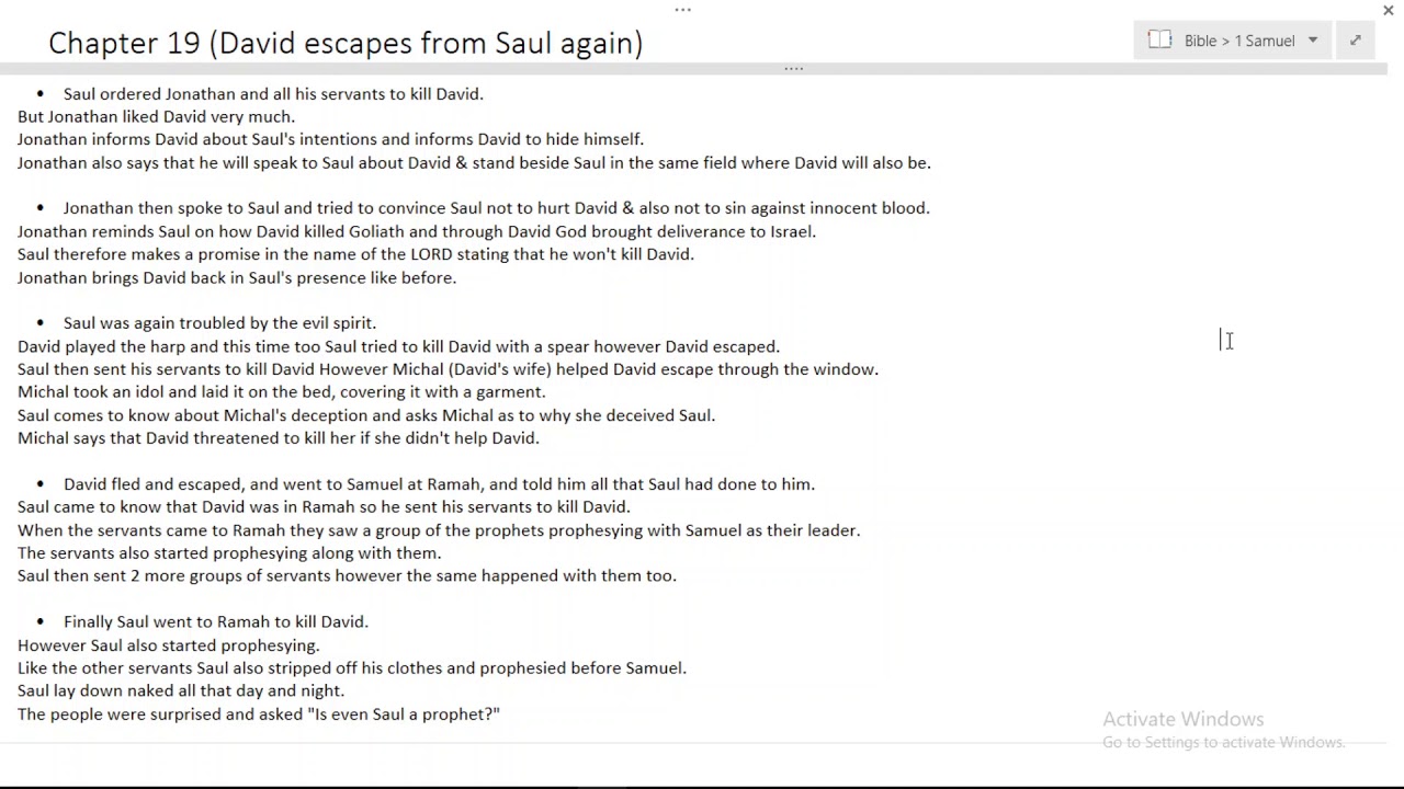1 Samuel Chapter 19 (David escapes from Saul again)