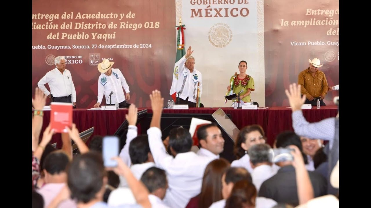 Entrega de acueducto y distrito de riego al pueblo yaqui, desde Guaymas, Sonora.