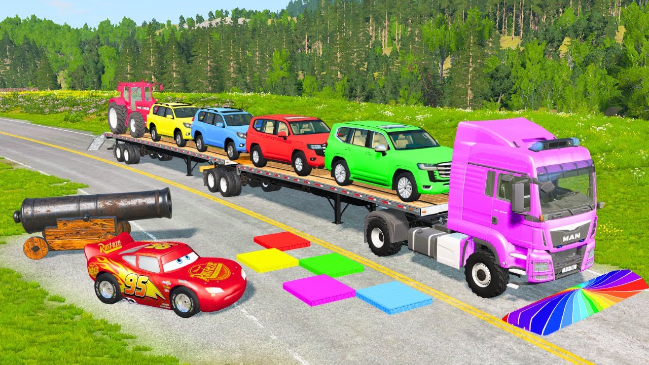 Flatbed Truck Mcqueen | Transportation with Truck - Pothole vs Car #154 - BeamNG.Drive