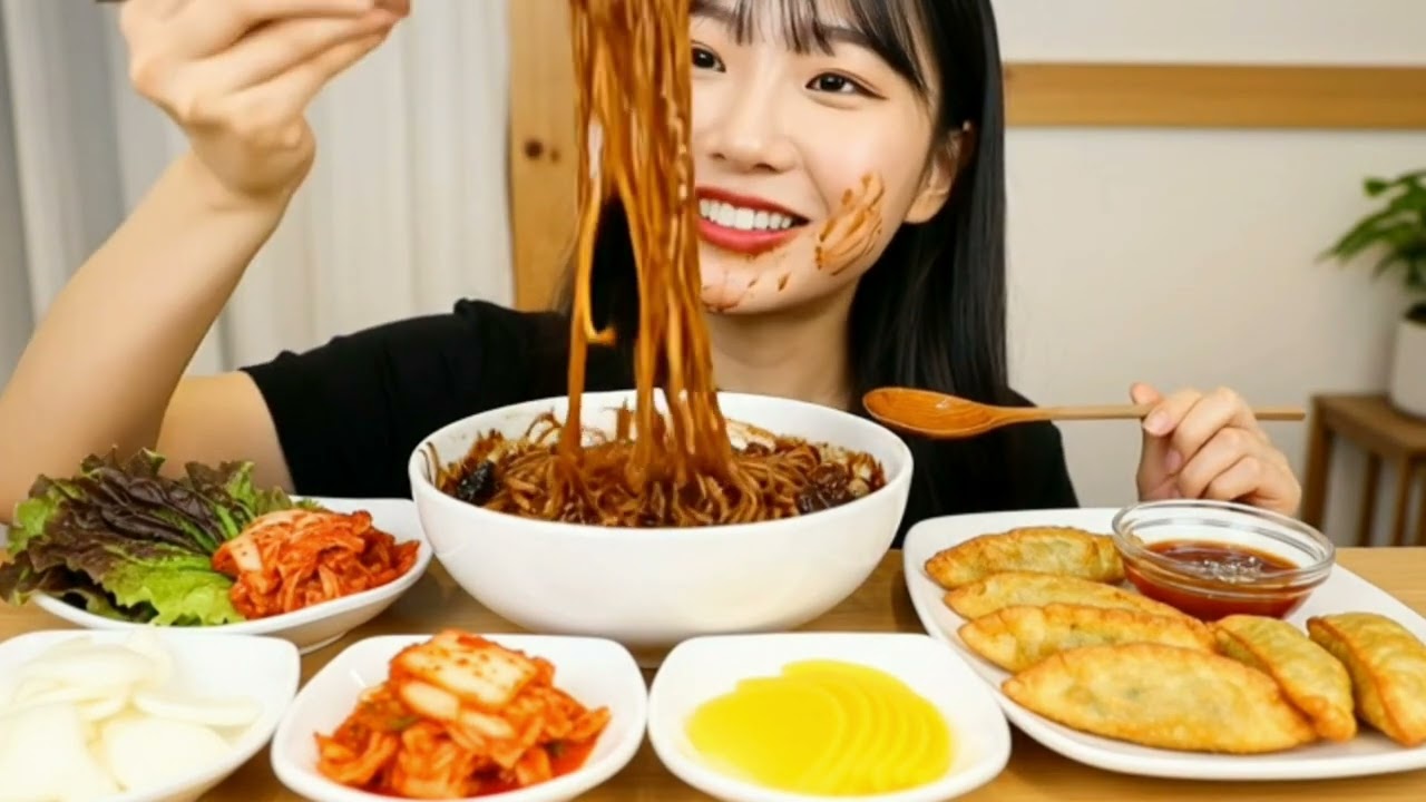 The biggest Korean black noodle meal with crispy dumplings! 🍜🥟 ASMR Jajangmyeon & Mandu وجبة نودلز🍝