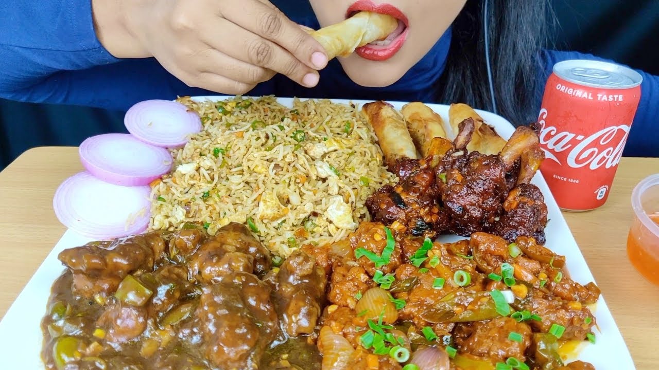 ASMR:EGG FRIEDRICE *RECIPE*+EATING EGG FRIED RICE,CHICKEN MANCHURIAN,CHILLI CHICKEN,CHICKEN LOLLIPOP