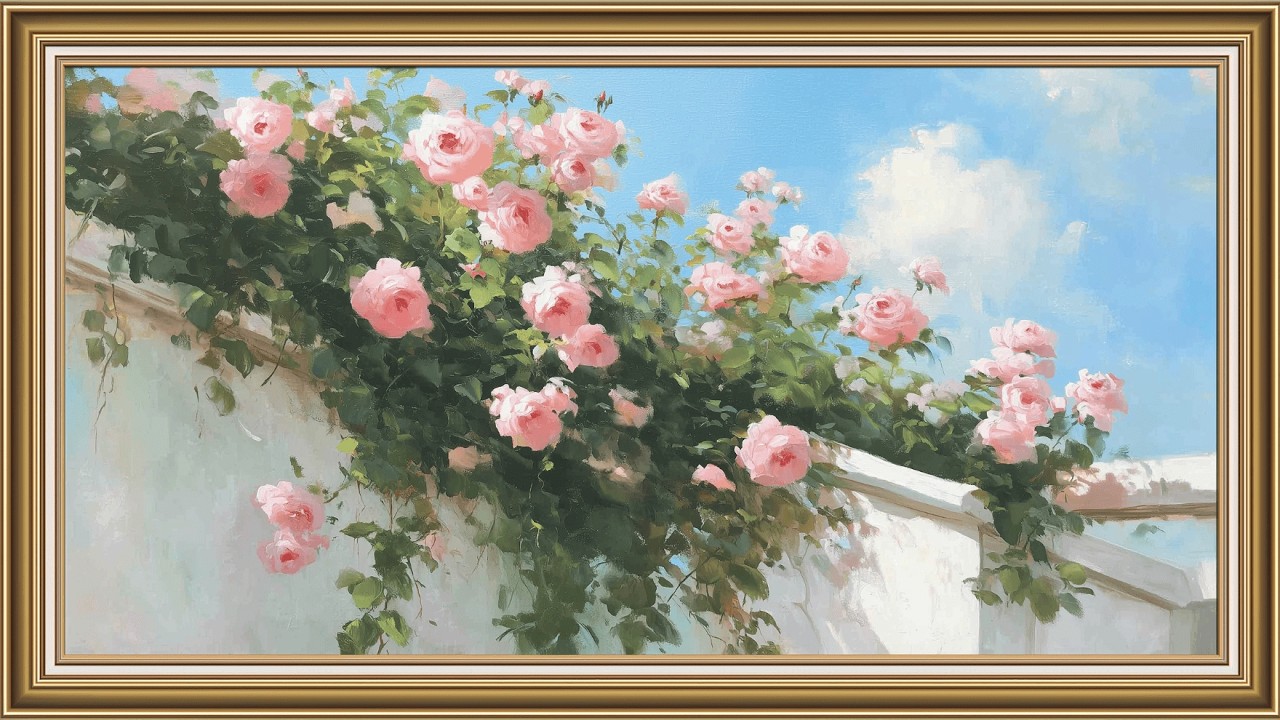 Pink Climbing Roses on a White Wall | Blue Sky Vintage Painting Framed TV Art Screensaver (No Music)