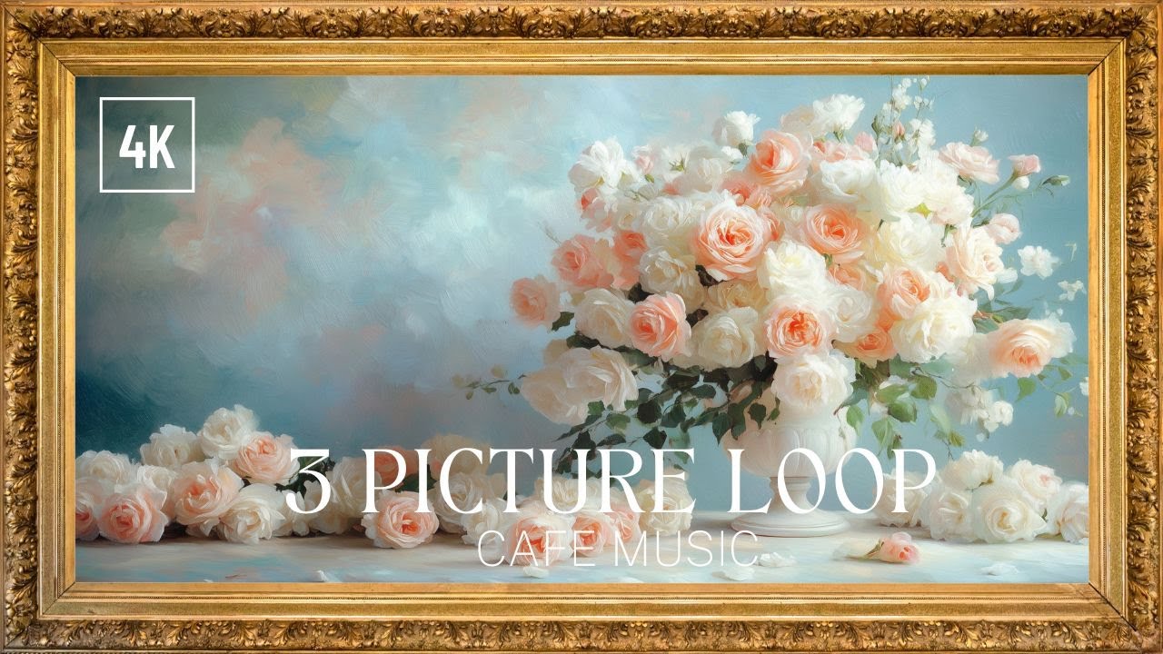 Heavenly White Roses: Framed TV Art with Cafe Music | TV Background and Wallpaper