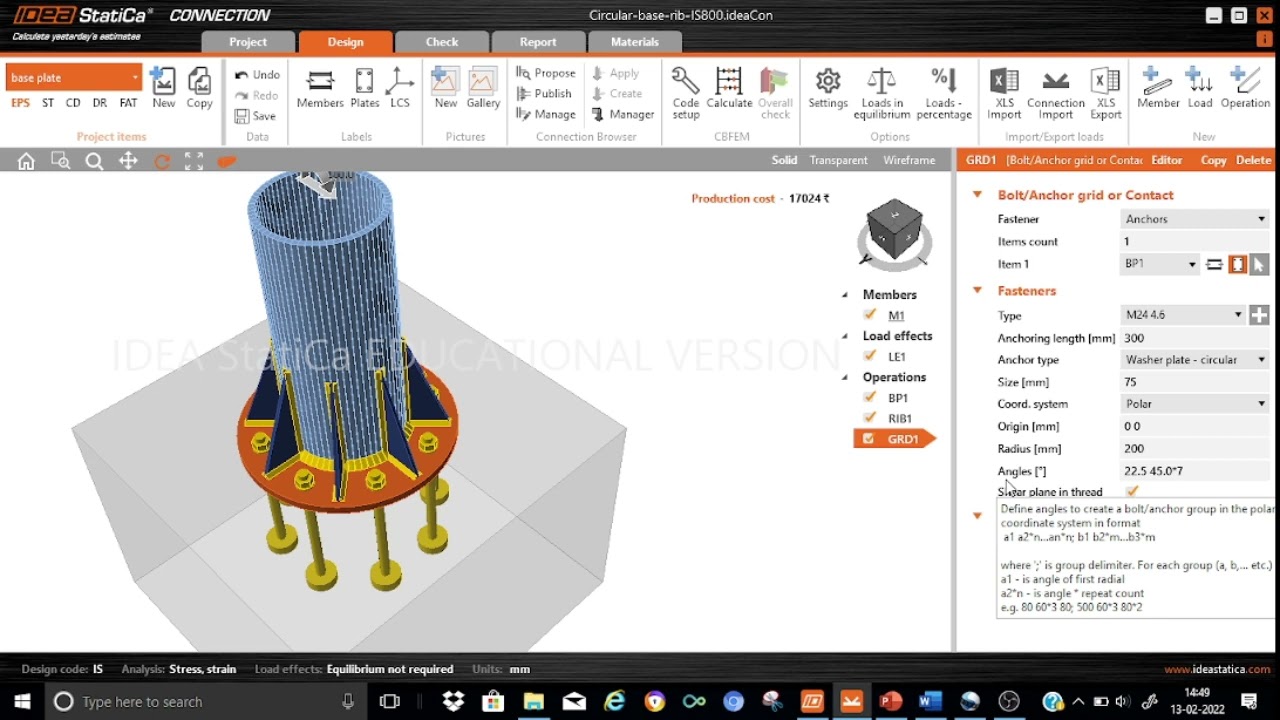IDEA StatiCa - tutorial-19: Stiffened circular base plate (IS: 800)