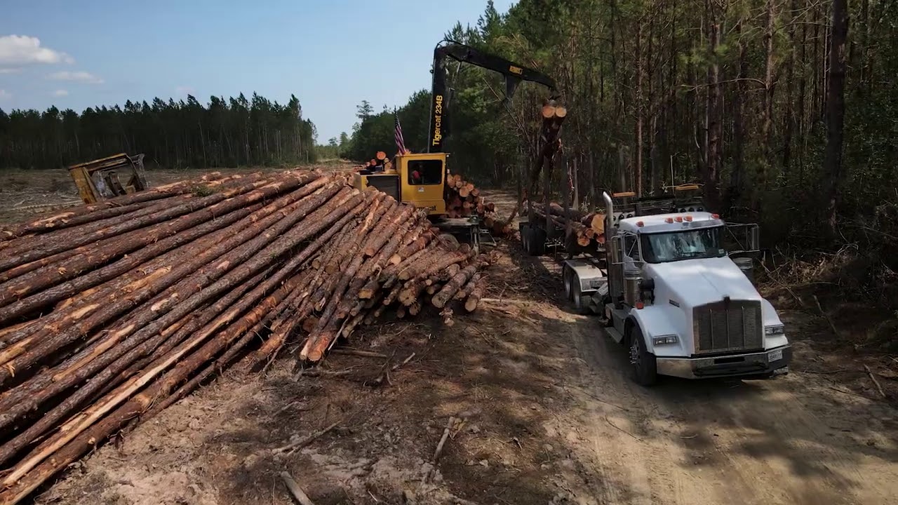 Tigercat 234B Loading a Kenworth T800 Log Truck