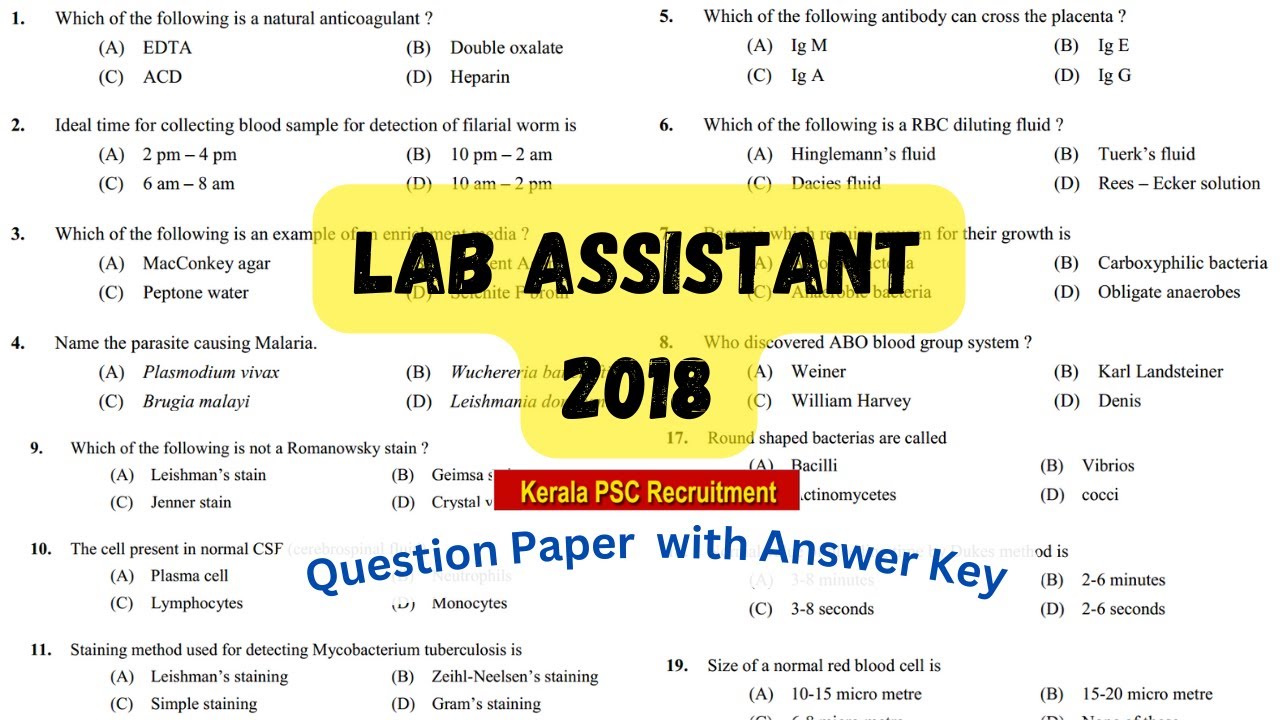 LABORATORY ASSISTANT - MEDICAL EDUCATION / HEALTH SERVICES 2018 (Lab assistant previous question p)