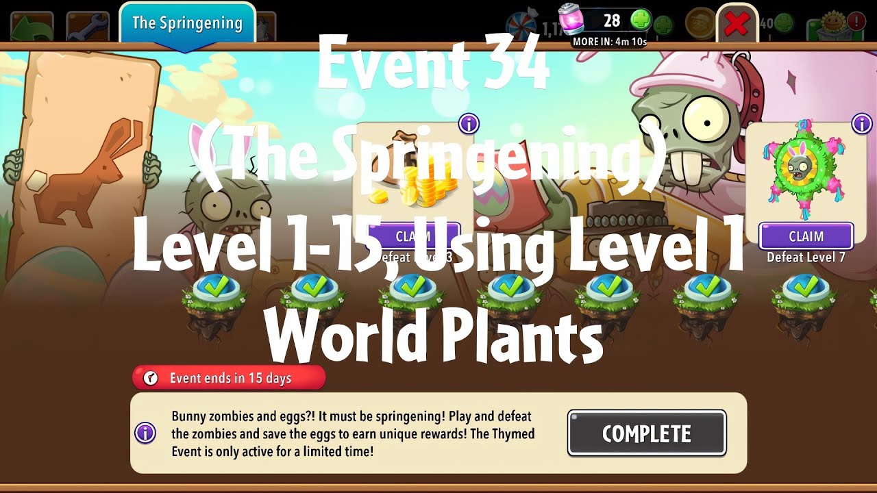 PvZ2 Thymed Event (The Springening)(Event 34)(15 Days), Level 1-15, Level 1 Plants - Gameplay