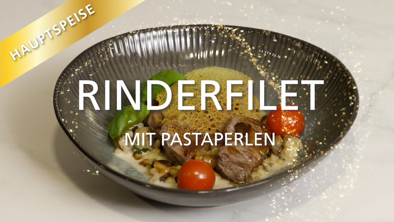 Weihnachtsmenü Hauptspeise | Rinderfilet mit Pastaperlen und gebratenen Pilzen